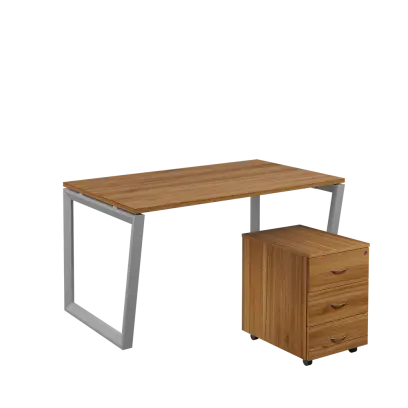 SET-V 348 stůl kancelářský, kovová podnož stříbrná + kontejner pojízdný, 3-zásuvkový, ořech světlý