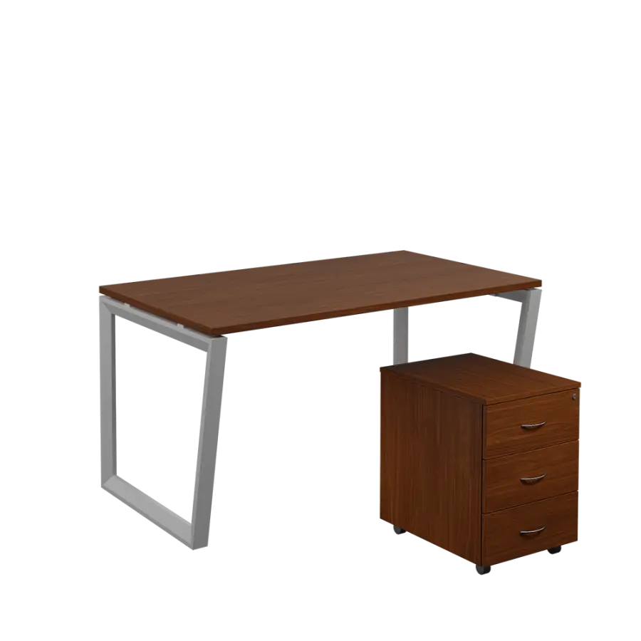 SET-V 348 stůl kancelářský, kovová podnož stříbrná + kontejner pojízdný, 3-zásuvkový, ořech královský