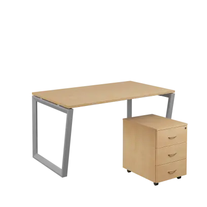 SET-V 348 stůl kancelářský, kovová podnož stříbrná + kontejner pojízdný, 3-zásuvkový, bříza irská