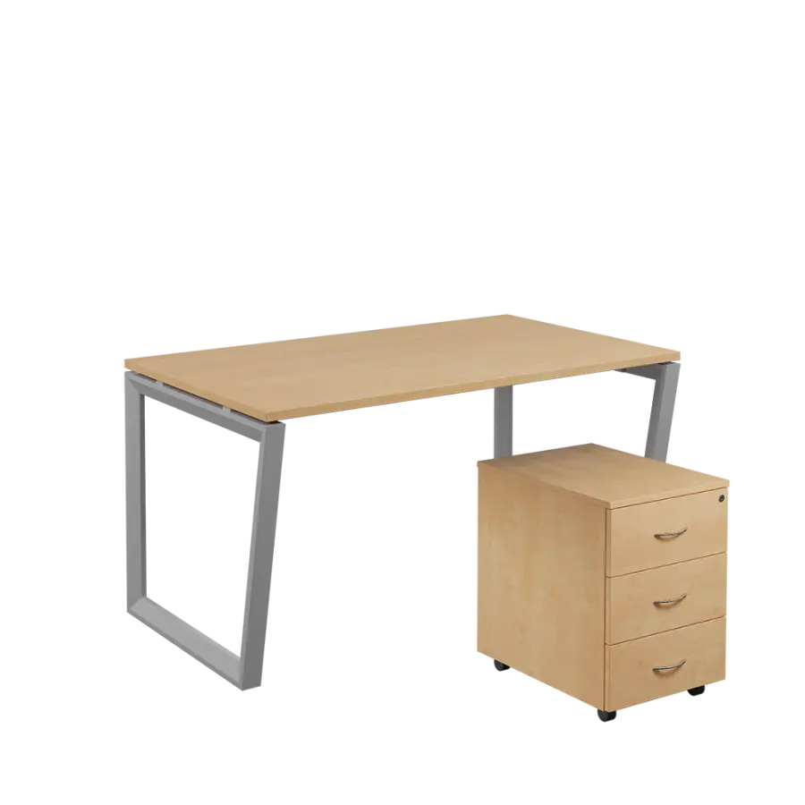 SET-V 348 stůl kancelářský, kovová podnož stříbrná + kontejner pojízdný, 3-zásuvkový, bříza irská