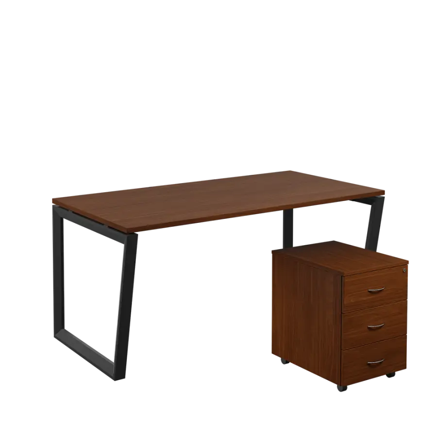 SET-V 368 stůl kancelářský, kovová podnož černá + kontejner pojízdný, 3-zásuvkový, ořech královský