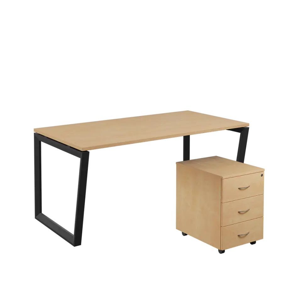 SET-V 368 stůl kancelářský, kovová podnož černá + kontejner pojízdný, 3-zásuvkový, bříza irská