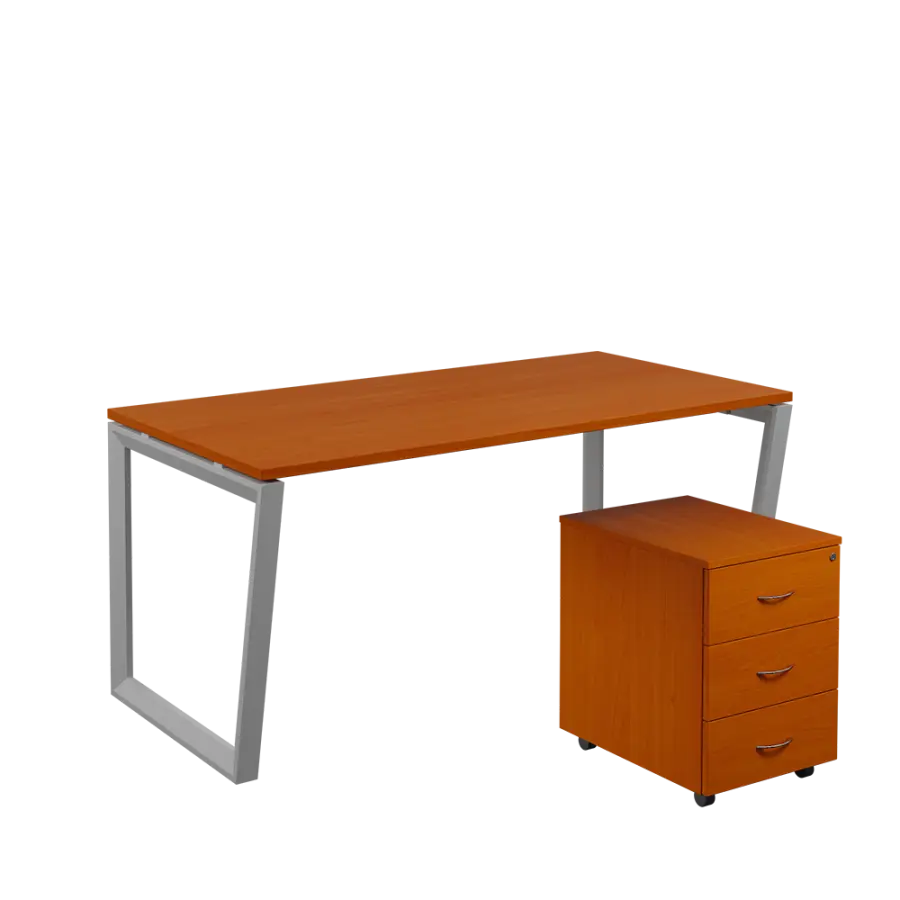 SET-V 368 stůl kancelářský, kovová podnož stříbrná + kontejner pojízdný, 3-zásuvkový, třešeň šumavská