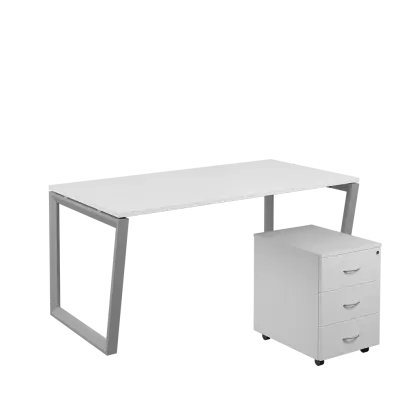 SET-V 368 stůl kancelářský, kovová podnož stříbrná + kontejner pojízdný, 3-zásuvkový, bílá
