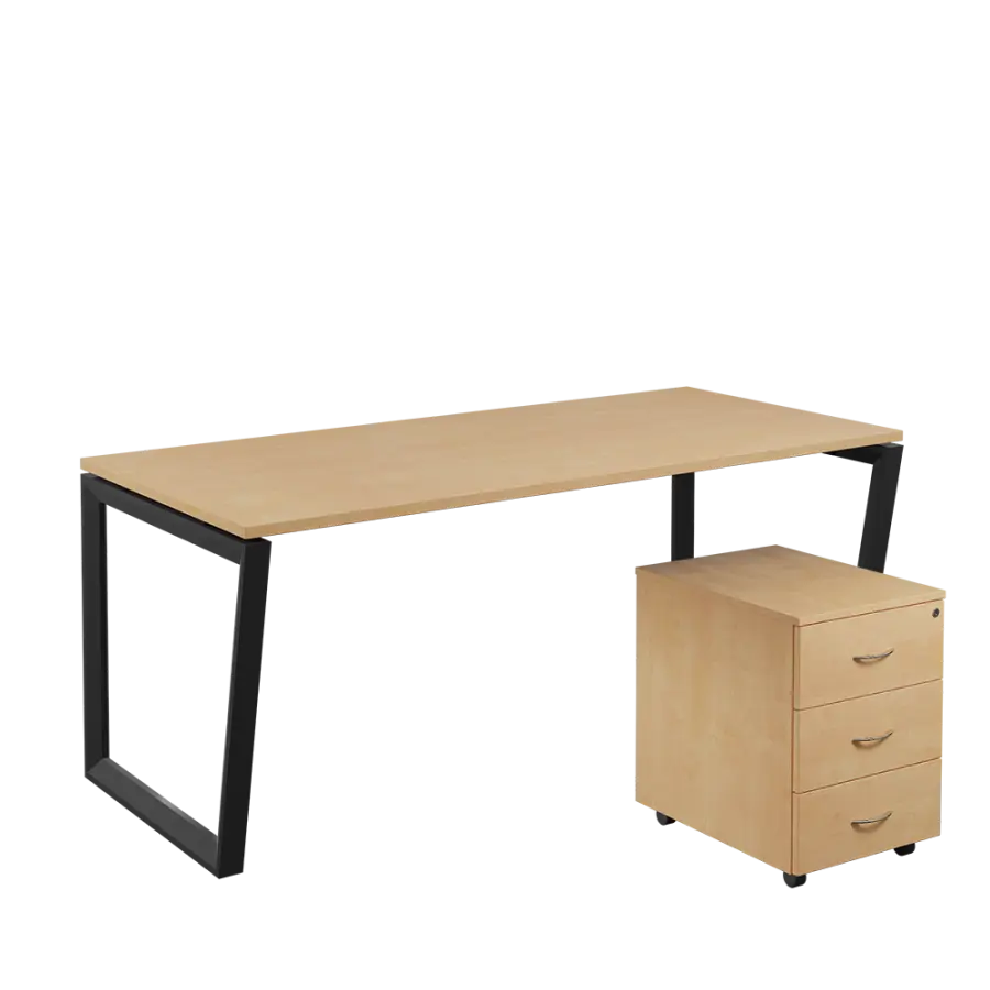 SET-V 388 stůl kancelářský, kovová podnož černá + kontejner pojízdný, 3-zásuvkový, bříza irská