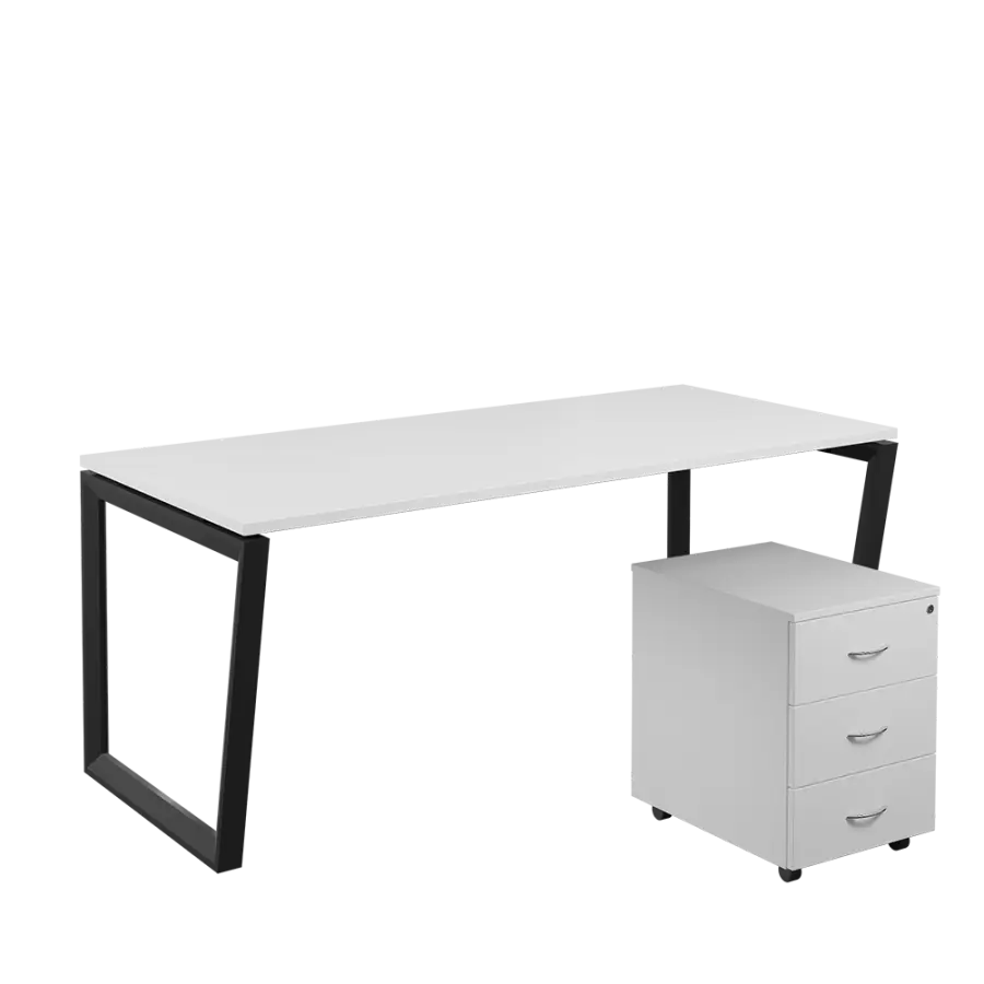 SET-V 388 stůl kancelářský, kovová podnož černá + kontejner pojízdný, 3-zásuvkový, bílá