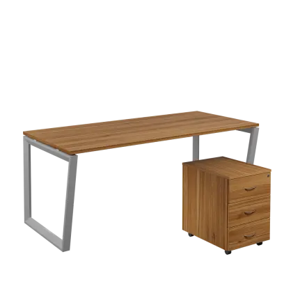 SET-V 388 stůl kancelářský, kovová podnož stříbrná + kontejner pojízdný, 3-zásuvkový, ořech světlý