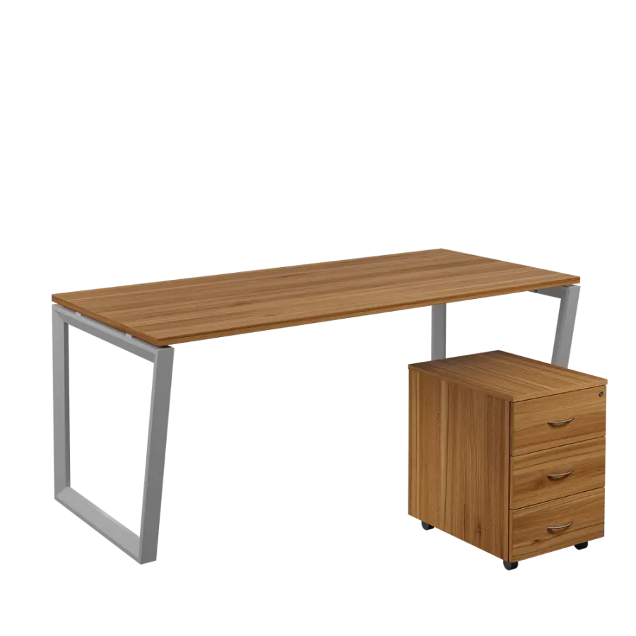 SET-V 388 stůl kancelářský, kovová podnož stříbrná + kontejner pojízdný, 3-zásuvkový, ořech světlý