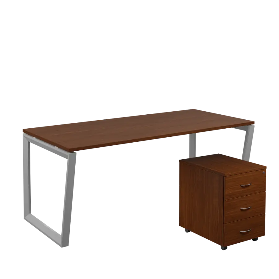 SET-V 388 stůl kancelářský, kovová podnož stříbrná + kontejner pojízdný, 3-zásuvkový, ořech královský