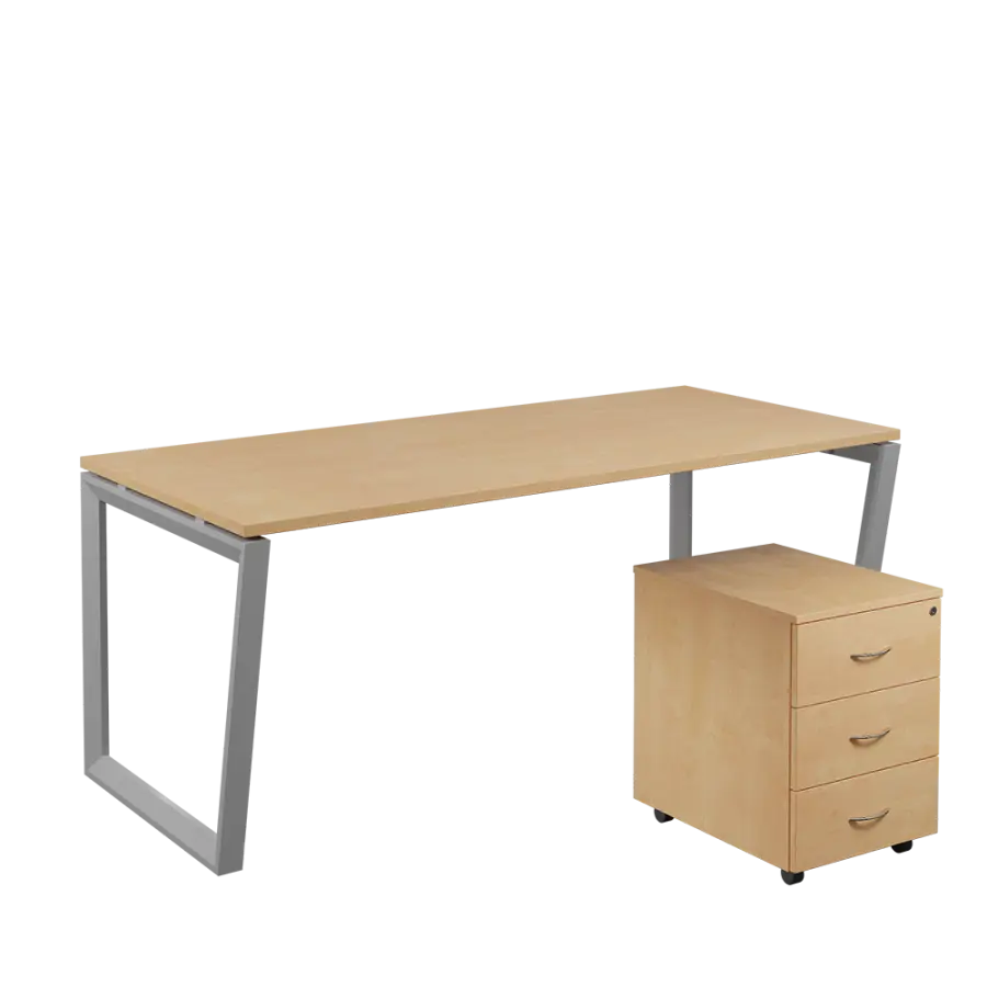 SET-V 388 stůl kancelářský, kovová podnož stříbrná + kontejner pojízdný, 3-zásuvkový, bříza irská