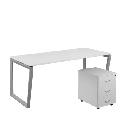SET-V 388 stůl kancelářský, kovová podnož stříbrná + kontejner pojízdný, 3-zásuvkový, bílá