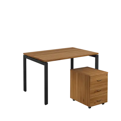 SET-U 328 stůl kancelářský, kovová podnož černá + kontejner pojízdný, 3-zásuvkový, ořech světlý