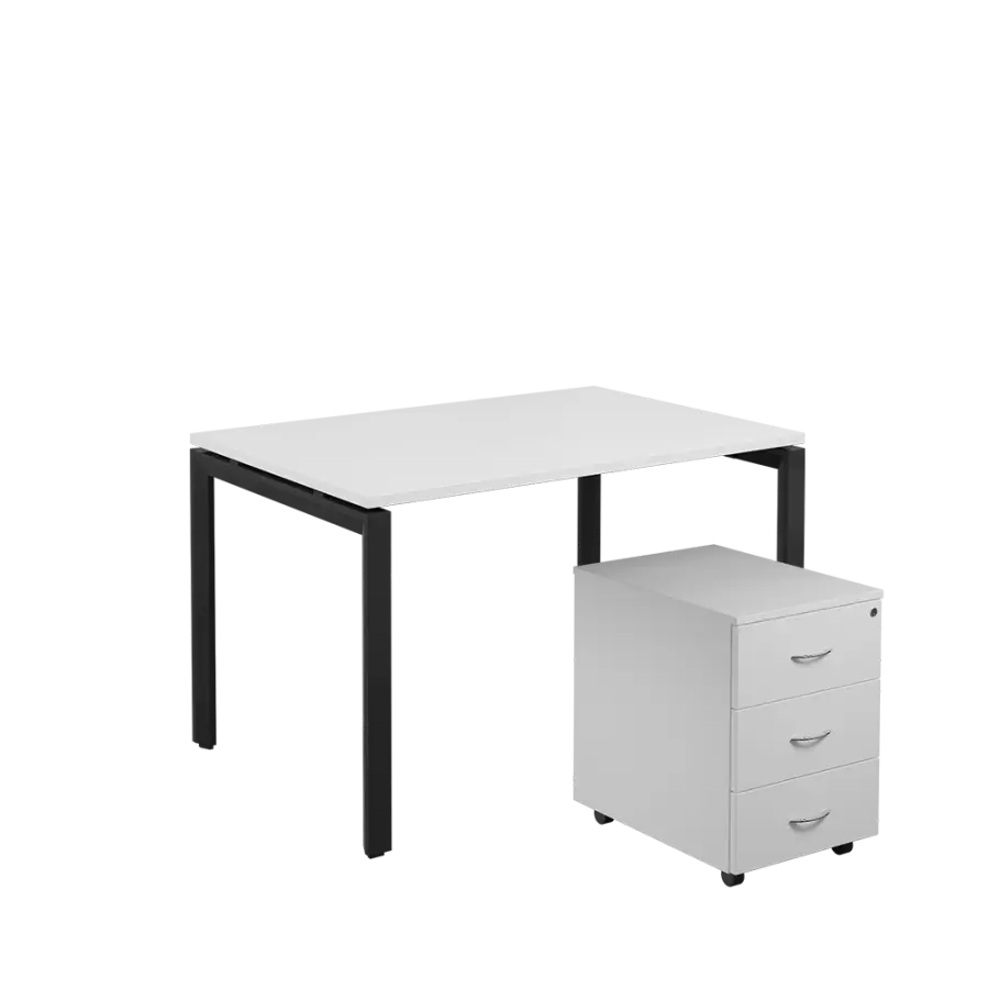 SET-U 328 stůl kancelářský, kovová podnož černá + kontejner pojízdný, 3-zásuvkový, bílá