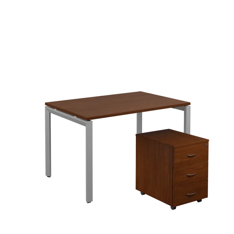 SET-U 328 stůl kancelářský, kovová podnož stříbrná + kontejner pojízdný, 3-zásuvkový, ořech královský