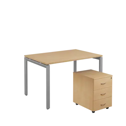 SET-U 328 stůl kancelářský, kovová podnož stříbrná + kontejner pojízdný, 3-zásuvkový, bříza irská