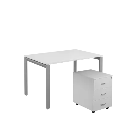 SET-U 328 stůl kancelářský, kovová podnož stříbrná + kontejner pojízdný, 3-zásuvkový, bílá