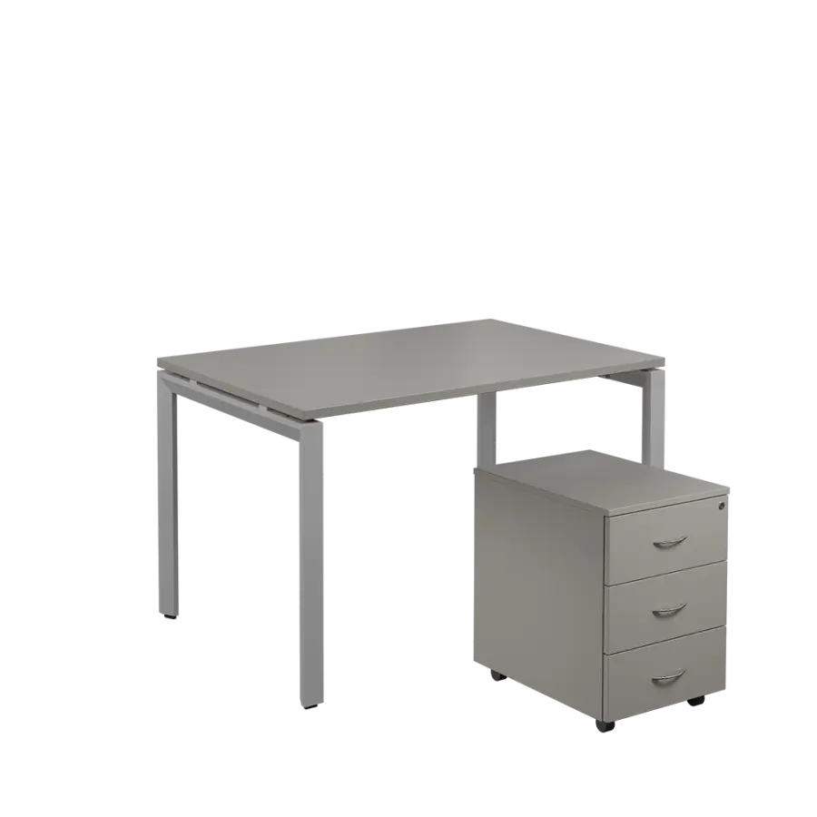 SET-U 328 stůl kancelářský, kovová podnož stříbrná + kontejner pojízdný, 3-zásuvkový, šedá