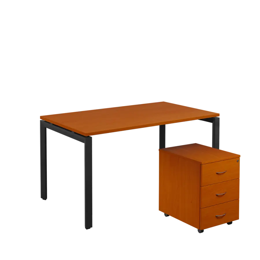 SET-U 348 stůl kancelářský, kovová podnož černá + kontejner pojízdný, 3-zásuvkový, třešeň šumavská