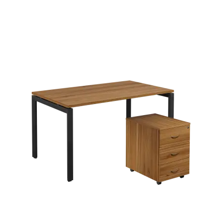 SET-U 348 stůl kancelářský, kovová podnož černá + kontejner pojízdný, 3-zásuvkový, ořech světlý