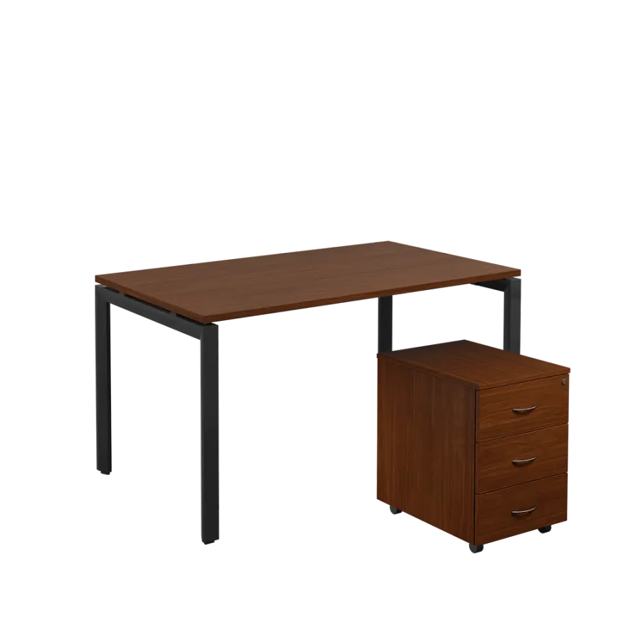 SET-U 348 stůl kancelářský, kovová podnož černá + kontejner pojízdný, 3-zásuvkový, ořech královský