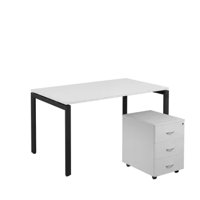 SET-U 348 stůl kancelářský, kovová podnož černá + kontejner pojízdný, 3-zásuvkový, bílá