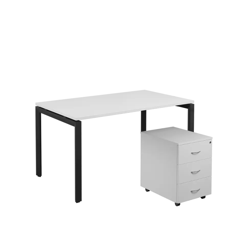 SET-U 348 stůl kancelářský, kovová podnož černá + kontejner pojízdný, 3-zásuvkový, bílá