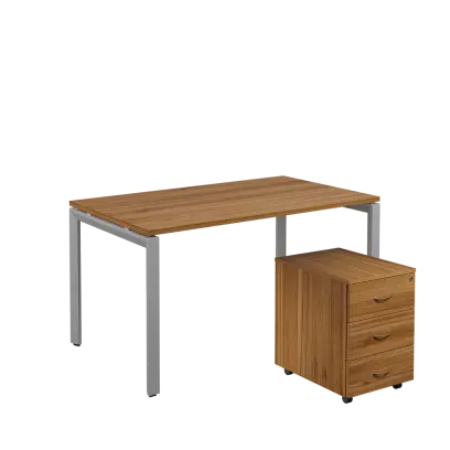 SET-U 348 stůl kancelářský, kovová podnož stříbrná + kontejner pojízdný, 3-zásuvkový, ořech světlý