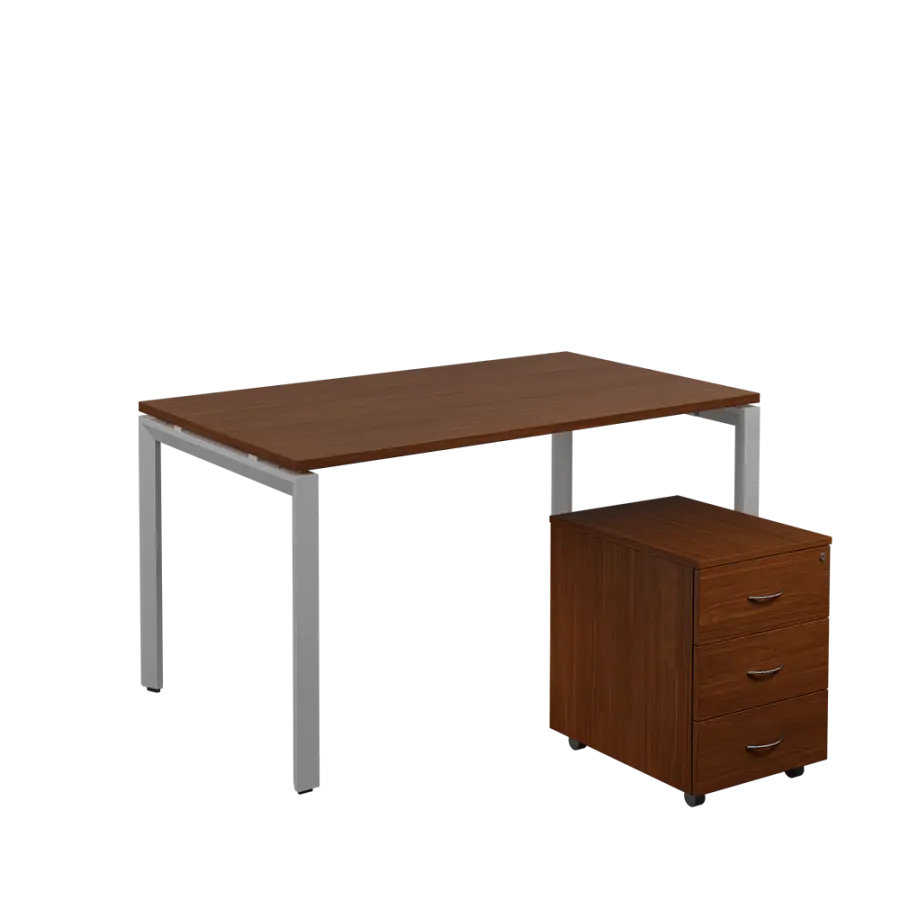 SET-U 348 stůl kancelářský, kovová podnož stříbrná + kontejner pojízdný, 3-zásuvkový, ořech královský