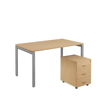 SET-U 348 stůl kancelářský, kovová podnož stříbrná + kontejner pojízdný, 3-zásuvkový, bříza irská