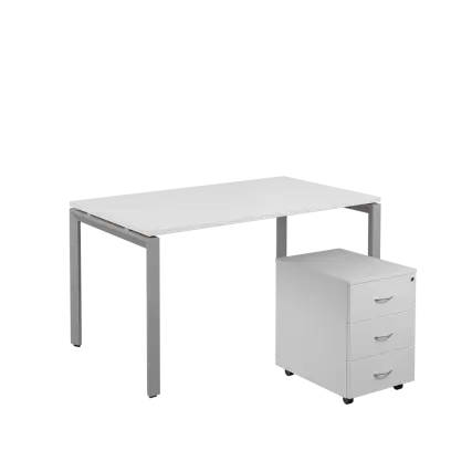 SET-U 348 stůl kancelářský, kovová podnož stříbrná + kontejner pojízdný, 3-zásuvkový, bílá