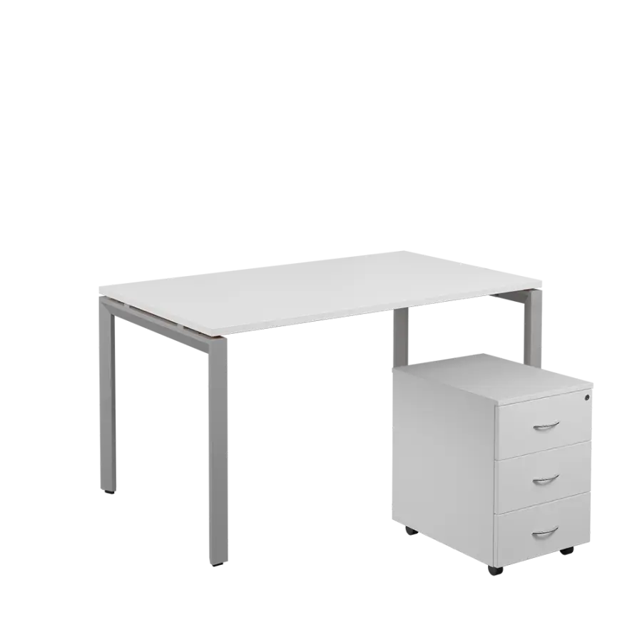 SET-U 348 stůl kancelářský, kovová podnož stříbrná + kontejner pojízdný, 3-zásuvkový, bílá