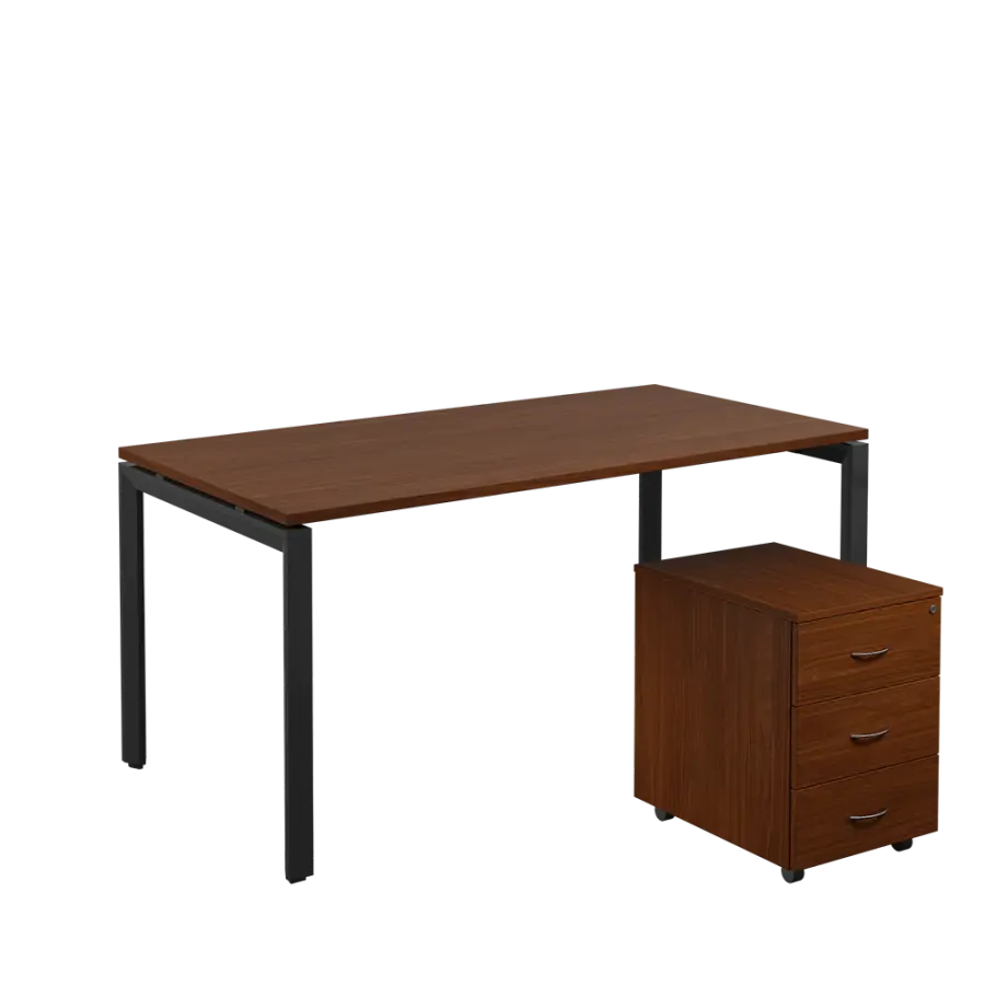 SET-U 368 stůl kancelářský, kovová podnož černá + kontejner pojízdný, 3-zásuvkový, ořech královský