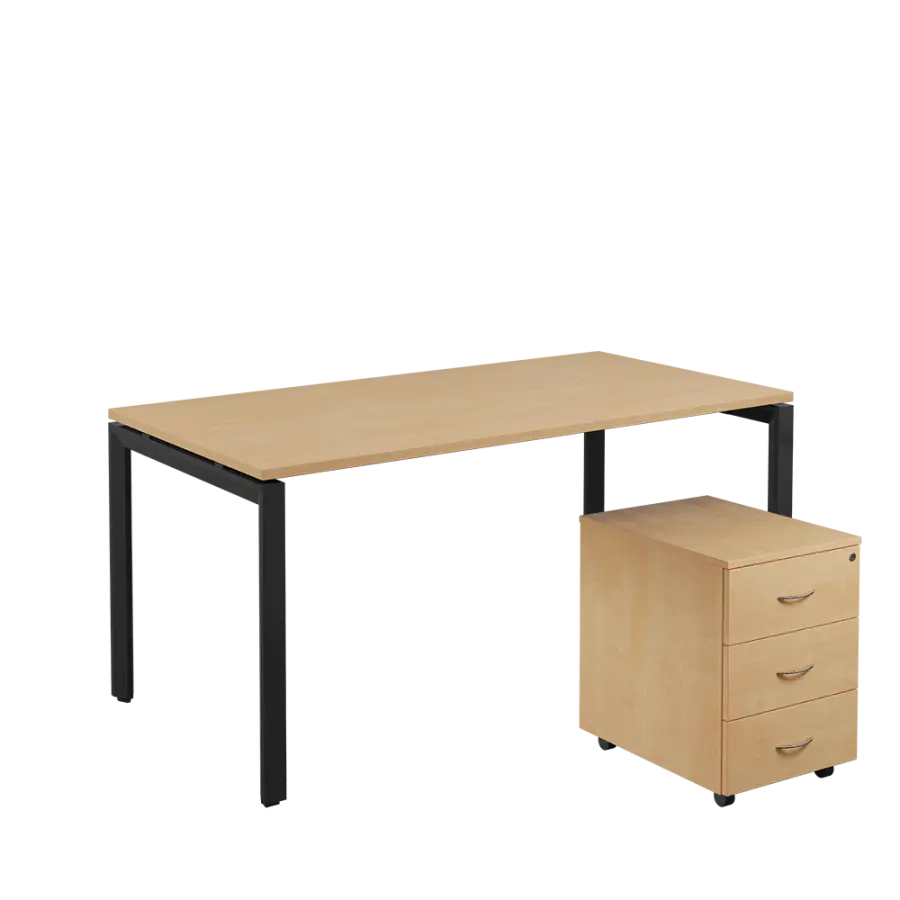 SET-U 368 stůl kancelářský, kovová podnož černá + kontejner pojízdný, 3-zásuvkový, bříza irská