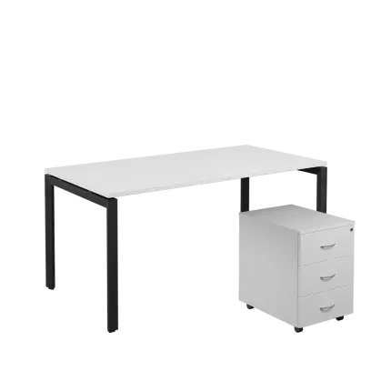 SET-U 368 stůl kancelářský, kovová podnož černá + kontejner pojízdný, 3-zásuvkový, bílá