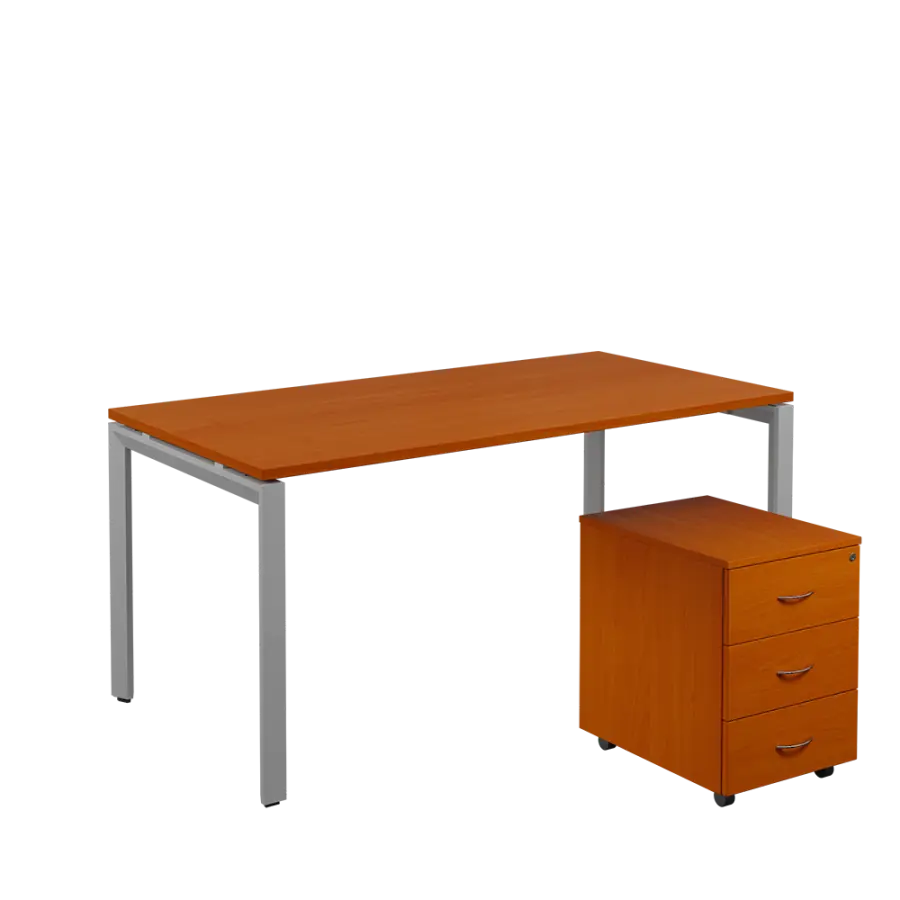 SET-U 368 stůl kancelářský, kovová podnož stříbrná + kontejner pojízdný, 3-zásuvkový, třešeň šumavská