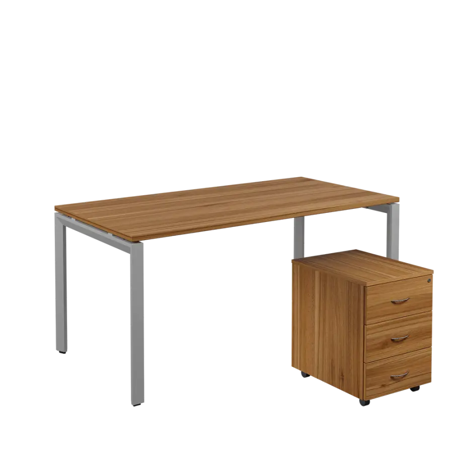 SET-U 368 stůl kancelářský, kovová podnož stříbrná + kontejner pojízdný, 3-zásuvkový, ořech světlý