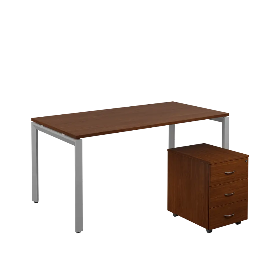 SET-U 368 stůl kancelářský, kovová podnož stříbrná + kontejner pojízdný, 3-zásuvkový, ořech královský