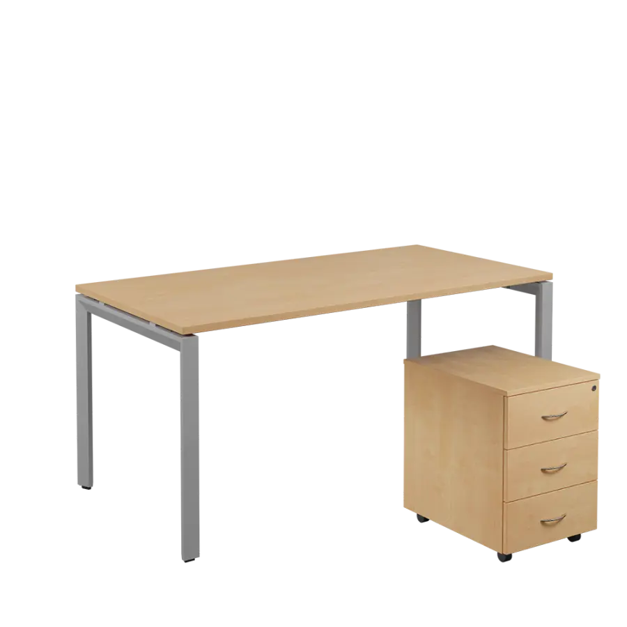 SET-U 368 stůl kancelářský, kovová podnož stříbrná + kontejner pojízdný, 3-zásuvkový, bříza irská