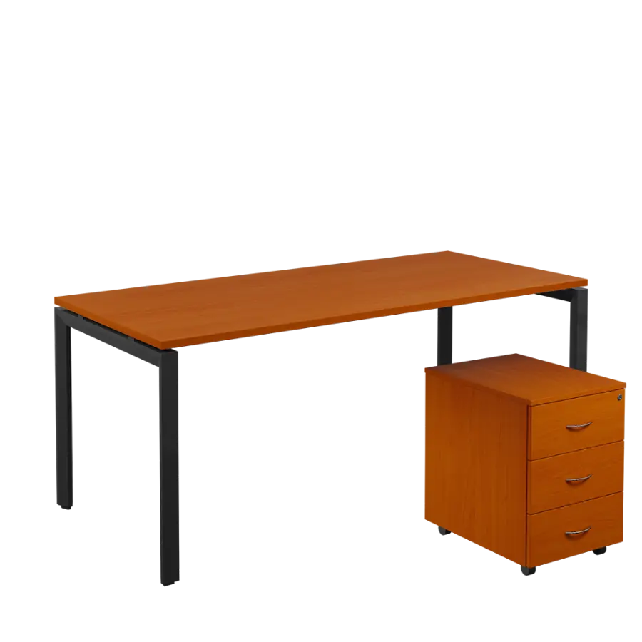SET-U 388 stůl kancelářský, kovová podnož černá + kontejner pojízdný, 3-zásuvkový, třešeň šumavská