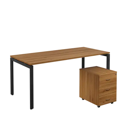 SET-U 388 stůl kancelářský, kovová podnož černá + kontejner pojízdný, 3-zásuvkový, ořech světlý