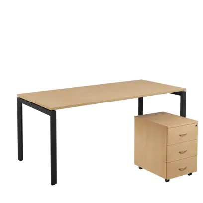 SET-U 388 stůl kancelářský, kovová podnož černá + kontejner pojízdný, 3-zásuvkový, bříza irská