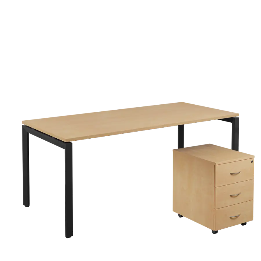 SET-U 388 stůl kancelářský, kovová podnož černá + kontejner pojízdný, 3-zásuvkový, bříza irská