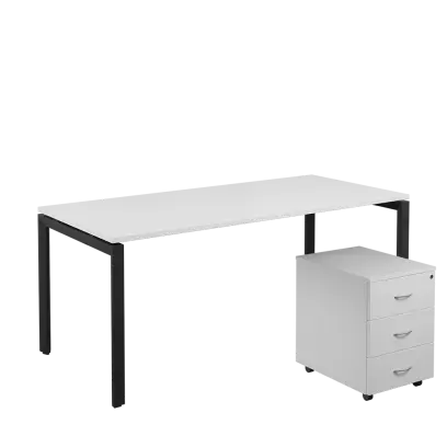 SET-U 388 stůl kancelářský, kovová podnož černá + kontejner pojízdný, 3-zásuvkový, bílá