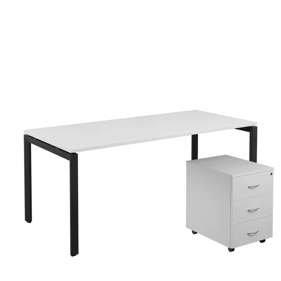 SET-U 388 stůl kancelářský, kovová podnož černá + kontejner pojízdný, 3-zásuvkový, bílá