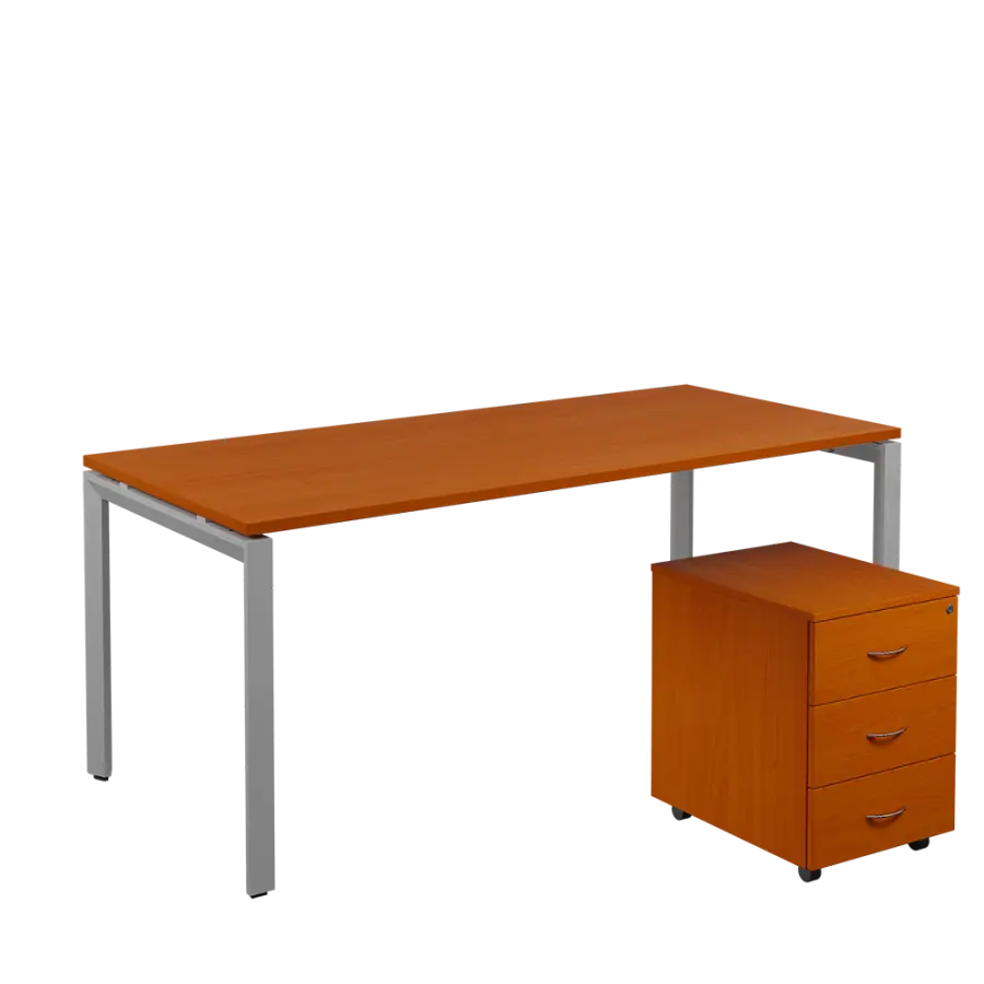 SET-U 388 stůl kancelářský, kovová podnož stříbrná + kontejner pojízdný, 3-zásuvkový, třešeň šumavská