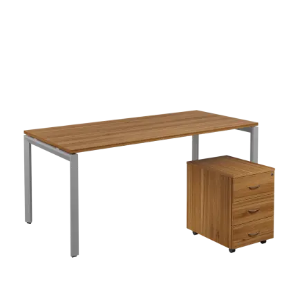 SET-U 388 stůl kancelářský, kovová podnož stříbrná + kontejner pojízdný, 3-zásuvkový, ořech světlý