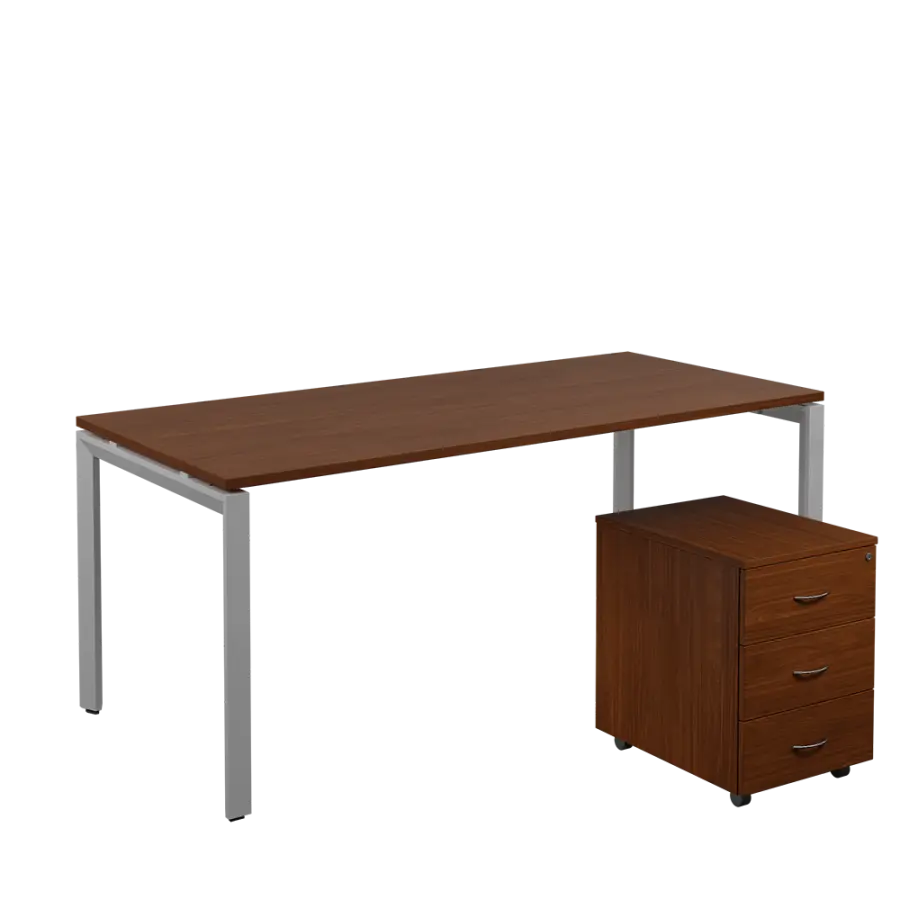 SET-U 388 stůl kancelářský, kovová podnož stříbrná + kontejner pojízdný, 3-zásuvkový, ořech královský