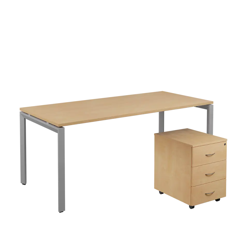 SET-U 388 stůl kancelářský, kovová podnož stříbrná + kontejner pojízdný, 3-zásuvkový, bříza irská