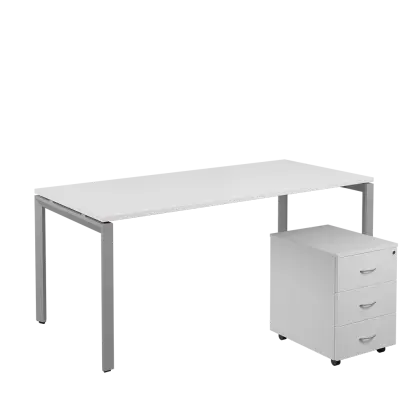 SET-U 388 stůl kancelářský, kovová podnož stříbrná + kontejner pojízdný, 3-zásuvkový, bílá