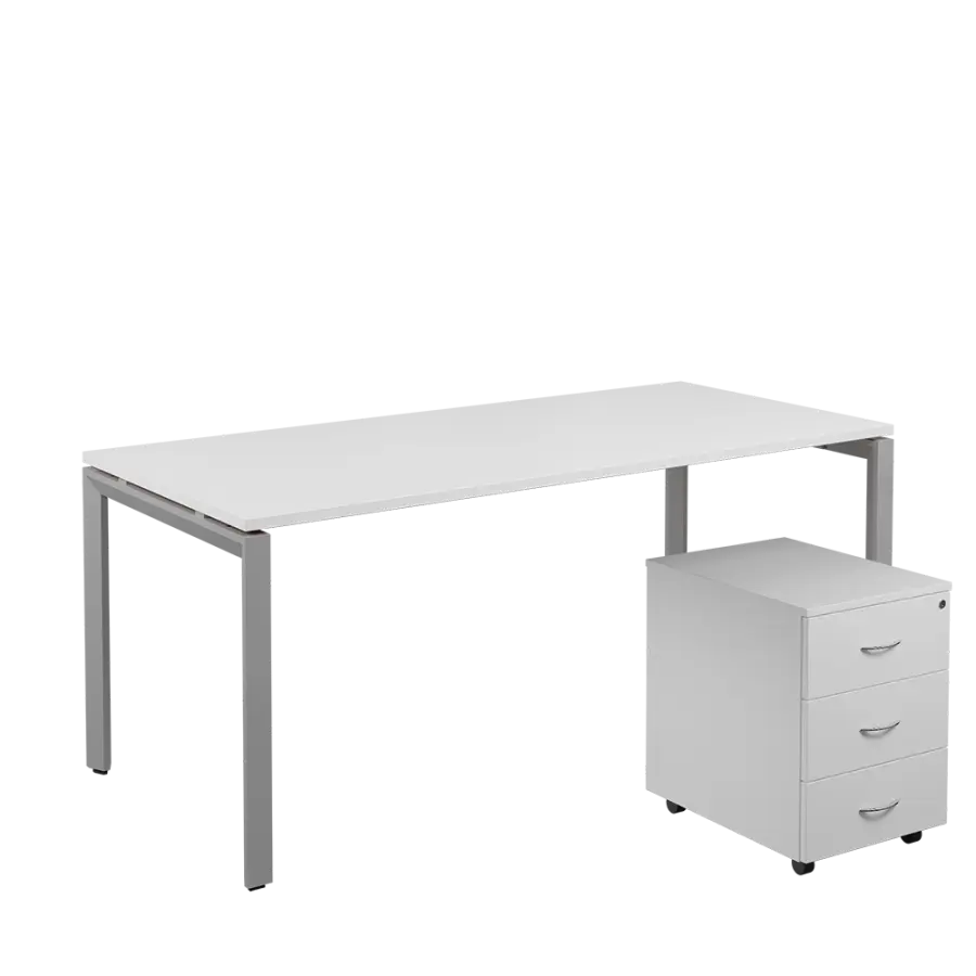 SET-U 388 stůl kancelářský, kovová podnož stříbrná + kontejner pojízdný, 3-zásuvkový, bílá